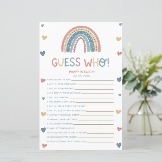 Boho Rainbow Raad eens wie. Baby shower game (Staand voorkant)