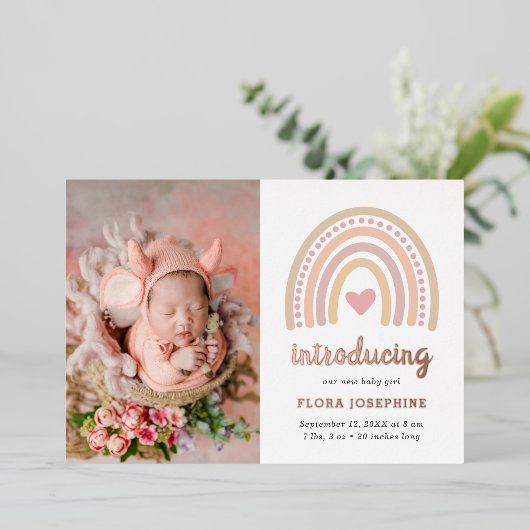 Boho Rainbow Roos Gold Foto geboorteaankondiging Folie Uitnodiging (Staand Voorkant)