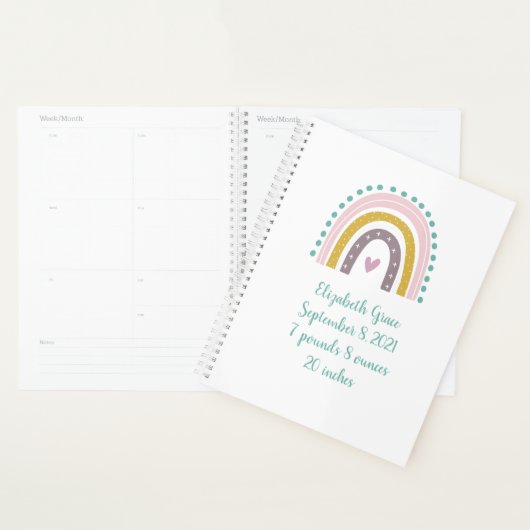 Boho Rainbow Roze Blauwgroen Gold Hearts Birth Sta Planner (Display)