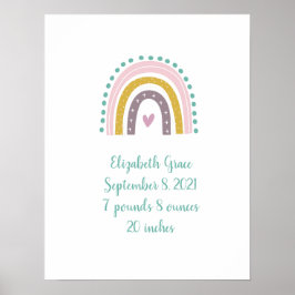 Boho Rainbow Roze Blauwgroen Gold Hearts Birth Sta Poster