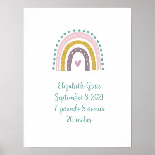 Boho Rainbow Roze Blauwgroen Gold Hearts Birth Sta Poster (Voorkant)