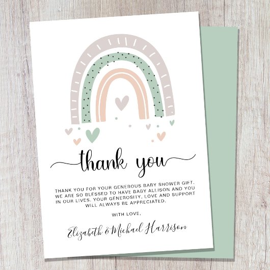 Boho Rainbow Sage Green Baby shower Bedankkaart
