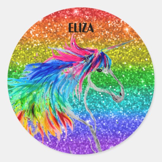 Boho Rainbow Schattige Glitter Girls Eenhoorn Kind Ronde Sticker (Voorkant)