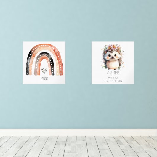 Boho Rainbow & Schattigee Hedgehog Nursery Wall Ar Muurkunst Sets (Houten vloer)