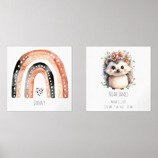 Boho Rainbow & Schattigee Hedgehog Nursery Wall Ar Muurkunst Sets
