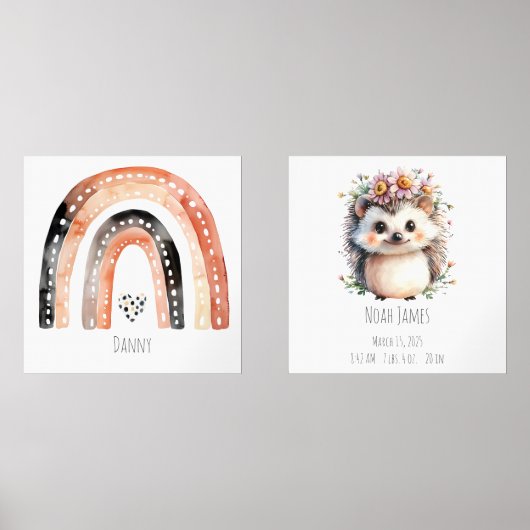 Boho Rainbow & Schattigee Hedgehog Nursery Wall Ar Muurkunst Sets (Voorkant)
