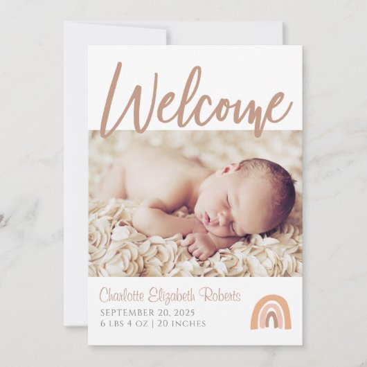 Boho Rainbow Simple Photo Birth Notice Kaart (Voorkant)