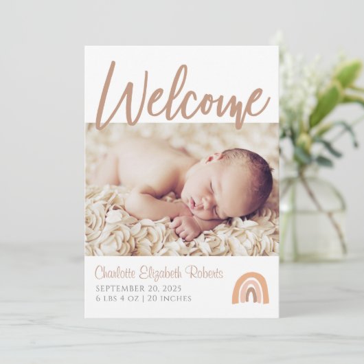 Boho Rainbow Simple Photo Birth Notice Kaart (Staand voorkant)