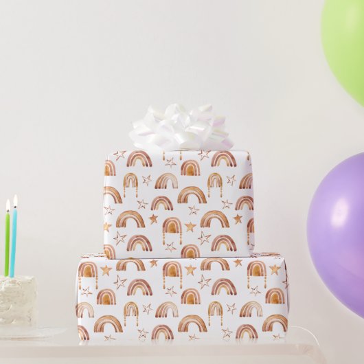 Boho Rainbow Stars Terracotta Brown Baby shower Cadeaupapier (Feestgeschenken)