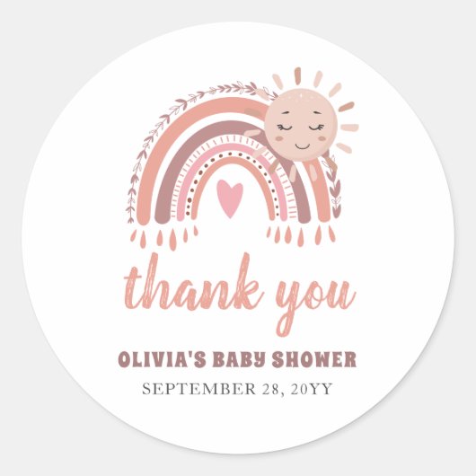 Boho Rainbow & Sun Baby shower Hartelijk dank Ronde Sticker (Voorkant)