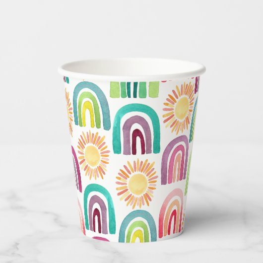 Boho Rainbow & Suns 1e Birthday Waterverf Papieren Bekers (Achterkant)