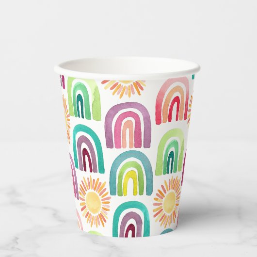 Boho Rainbow & Suns 1e Birthday Waterverf Papieren Bekers (Voorkant)