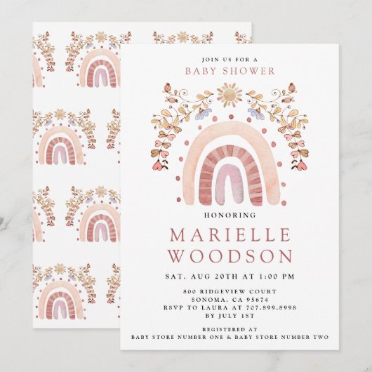 Boho Rainbow Sunshine Baby shower Uitnodiging (Voorkant / Achterkant)