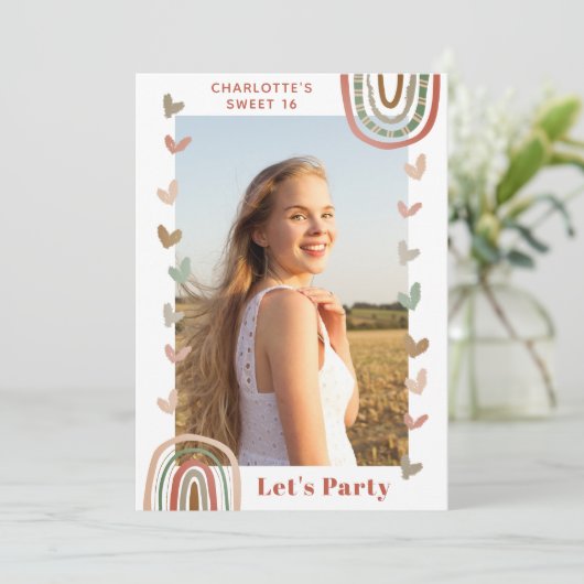Boho Rainbow Sweet 16 Modern Birthday Party Kaart (Staand voorkant)