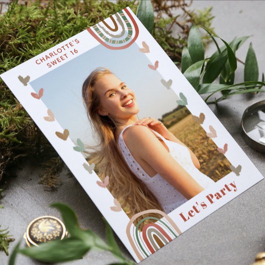 Boho Rainbow Sweet 16 Modern Birthday Party Kaart