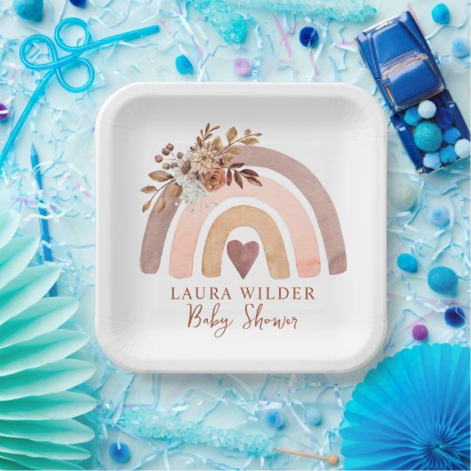 Boho Rainbow Terracotta Brown Rust Baby shower Papieren Bordje (Feest)