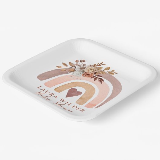 Boho Rainbow Terracotta Brown Rust Baby shower Papieren Bordje (Gebogen)