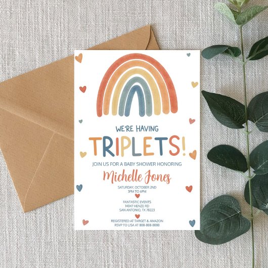 Boho Rainbow Triplets Baby shower Kaart