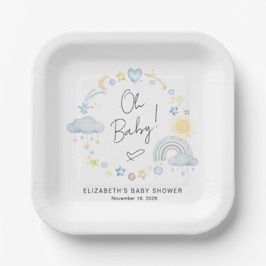 Boho Rainbow Waterverf Baby Boy Shower Papieren Bordje (Voorkant)