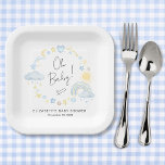 Boho Rainbow Waterverf Baby Boy Shower Papieren Bordje<br><div class="desc">Schattigee boho baby boy douchepapier borden met vrolijke gele en blauwe waterverven van een grillige regenboog,  zon,  harten,  sterren,  manen en wolken en "Oh Baby!" in een stijlvol kalligrafieschrift. Personaliseer de naam van de moeder en de douchedatum in eenvoudige moderne typografie.</div>