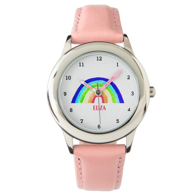 Boho Rainbow Waterverf Cute Girls Pink Kinder Watc Horloge (Voorkant)