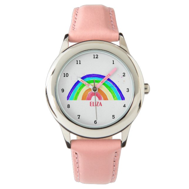 Boho Rainbow Waterverf Cute Girls Roze Kinderen Horloge (Voorkant)