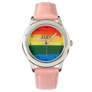 Boho Rainbow Waterverf Cute Girls Roze Kinderen Horloge