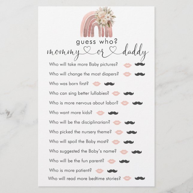 Boho Rainbow wenst voor Baby "Guess Who" spel (Voorkant)