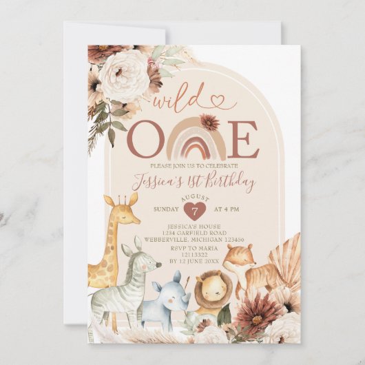 Boho Rainbow Wild ONE Birthday Safari Animals Kaart (Voorkant)