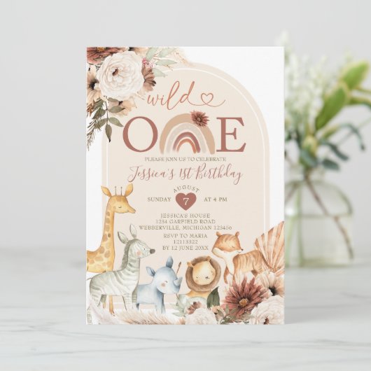 Boho Rainbow Wild ONE Birthday Safari Animals Kaart (Staand voorkant)