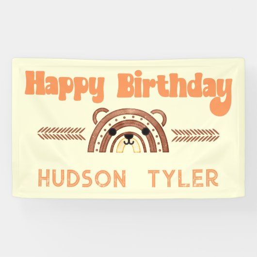 Boho Rainbow Woodland Beer Verjaardagsfeestje Welk Spandoek (Horizontaal)