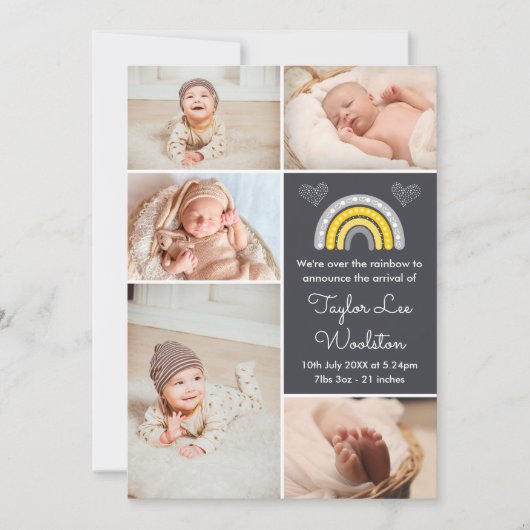 Boho Rainbow Yellow en Gray Birth Announement Aankondiging (Voorkant)