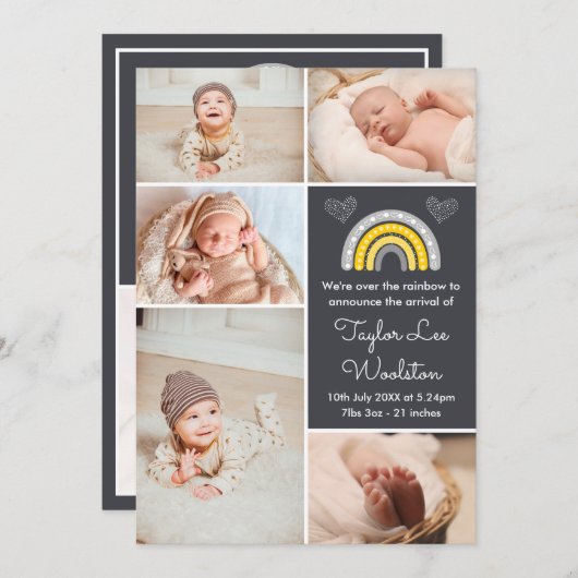 Boho Rainbow Yellow en Gray Birth Announement Aankondiging (Voorkant / Achterkant)
