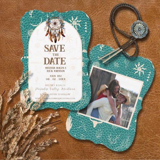 Boho Ranch bruiloft Turquoise foto Sla de datum op Kaart