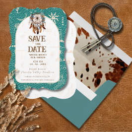 Boho Ranch Trouwen Turquoise Leder Save the Date
