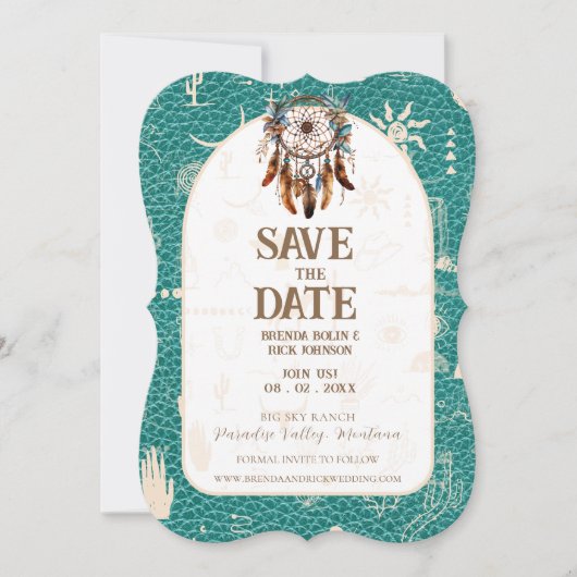 Boho Ranch Trouwen Turquoise Leder Save the Date (Voorkant)