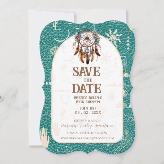 Boho Ranch Trouwen Turquoise Leder Save the Date Kaart (Voorkant)
