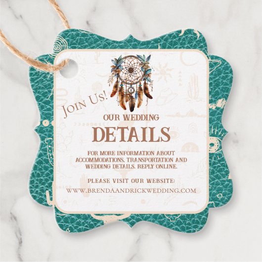 Boho Ranch Wild West Faux leer Turquoise Detail Bedankjes Labels (Voorkant)