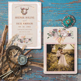 Boho Ranch Witte Lederen Foto Huwelijksuitnodiging Kaart