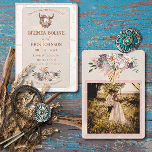 Boho Ranch Witte Lederen Foto Huwelijksuitnodiging Kaart