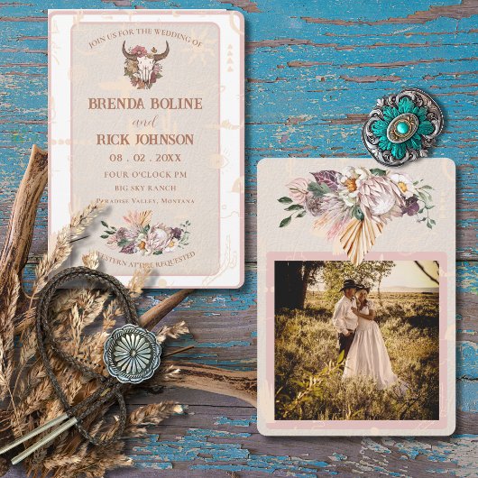 Boho Ranch Witte Lederen Foto Huwelijksuitnodiging Kaart