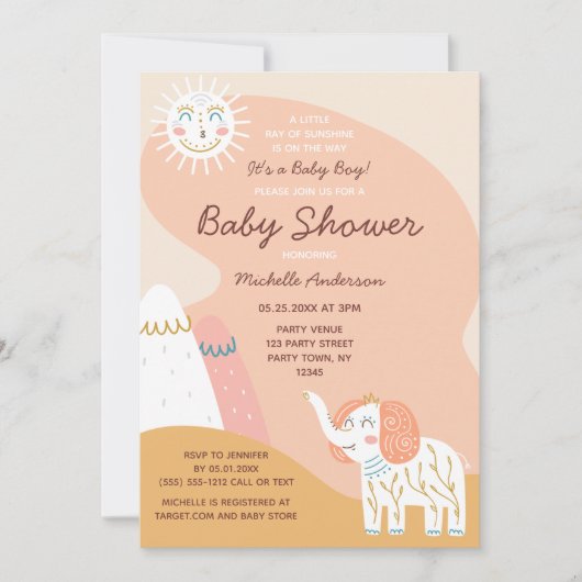 Boho Ray van Sunshine Elephant Muted Baby shower (Voorkant)