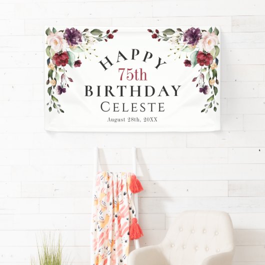 Boho Red Blush en Paarse 75e verjaardagsfeest Spandoek (Insitu)