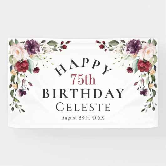 Boho Red Blush en Paarse 75e verjaardagsfeest Spandoek (Horizontaal)