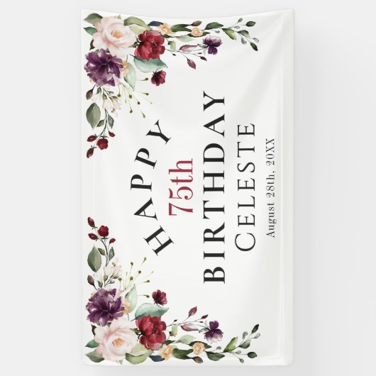 Boho Red Blush en Paarse 75e verjaardagsfeest Spandoek (Verticaal)