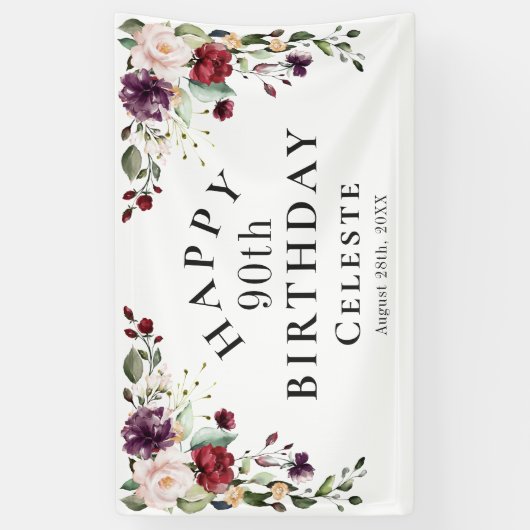 Boho Red Blush en Paarse 90ste verjaardagsfeestje Spandoek (Verticaal)