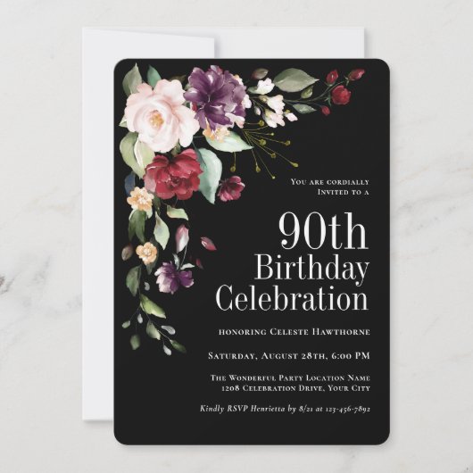 Boho Red Blush en Paarse Bloemen 90ste Verjaardag Kaart (Voorkant)