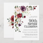 Boho Red Blush en Paarse Bloemen 90ste Verjaardag Kaart (Voorkant / Achterkant)