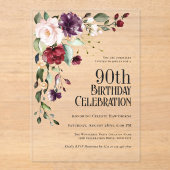 Boho Red Blush Roze en Paarse 90ste verjaardag Acryl Uitnodigingen (Voorkant)