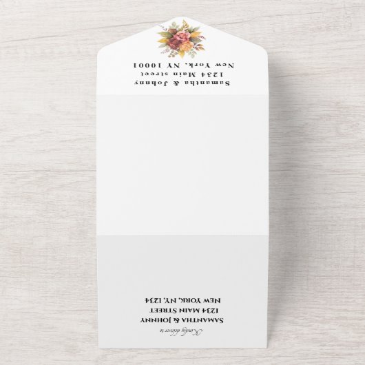 Boho Red Burgundy Floral Script Wedding Elegant All In One Uitnodiging (Buitenkant)